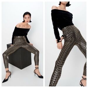 Zara Chevron Gold And Black High Waisted Sequin Leggings S NWT!